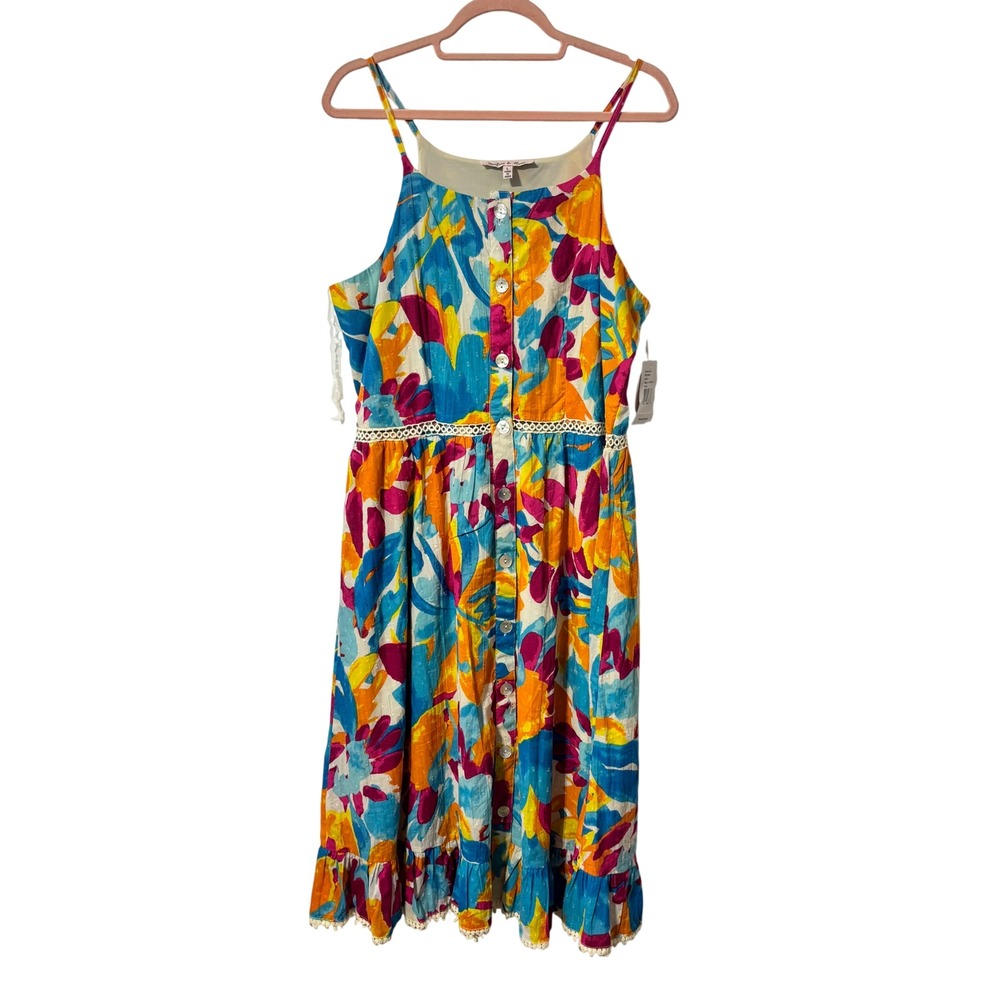 Harlow & Rose Floral Midi Dress L Multicolor Button Front Crochet Lace Pom Pom‎